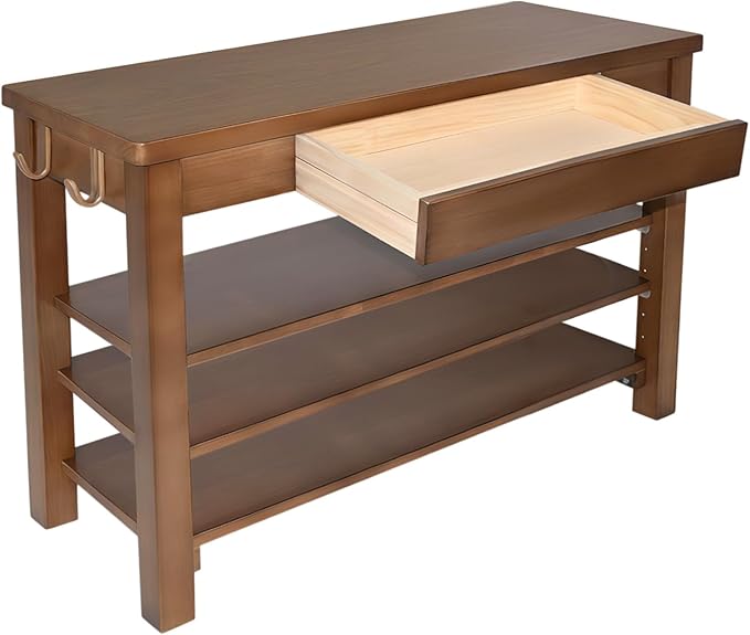 Wood Shoe Bench Entryway with Drawer: 3-Tiers Wooden Storage Shoe Rack with - Image 6
