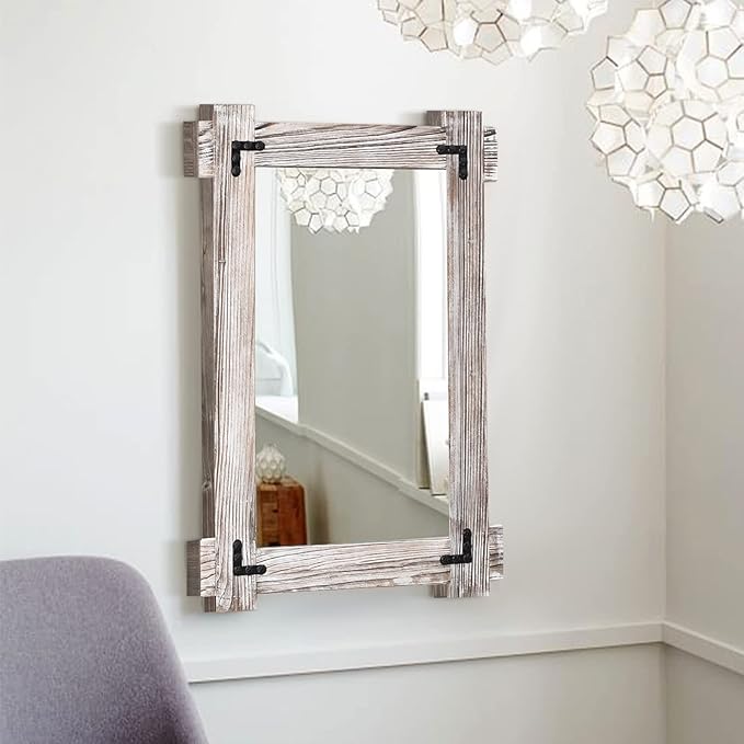 MeMoreCool Farmhouse Rustic Wood Framed Bathroom Mirror, Decorative Wall - Image 2