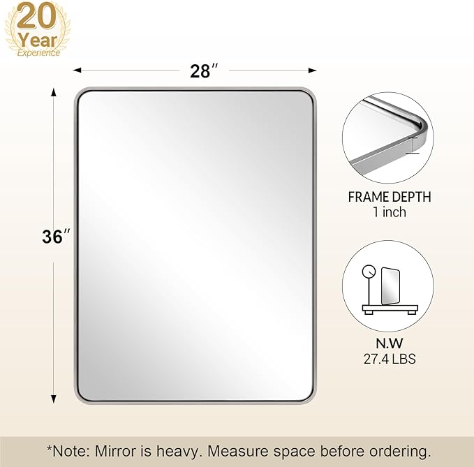 ANDY STAR 28x36 INCH Chrome Bathroom Mirrors, Polished Chrome Bathroom Mirror - Image 2