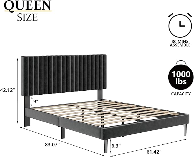 Queen Size Bed Frame with Velvet Upholstered Headboard, Platform Bed with - Image 2