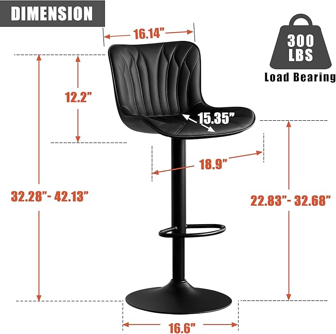 YOUNUOKE Bar Stools Set of 2 Black Barstools Adjustable Counter Height Stools - Image 3