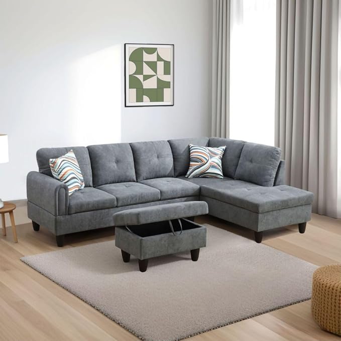 Dark Grey L-Shaped 3-Piece Flannel Sofa - Image 5