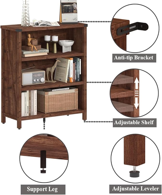 BON AUGURE Rustic Short Bookshelf, 3 Shelf Bookcase, Small Wood Low Book - Image 3