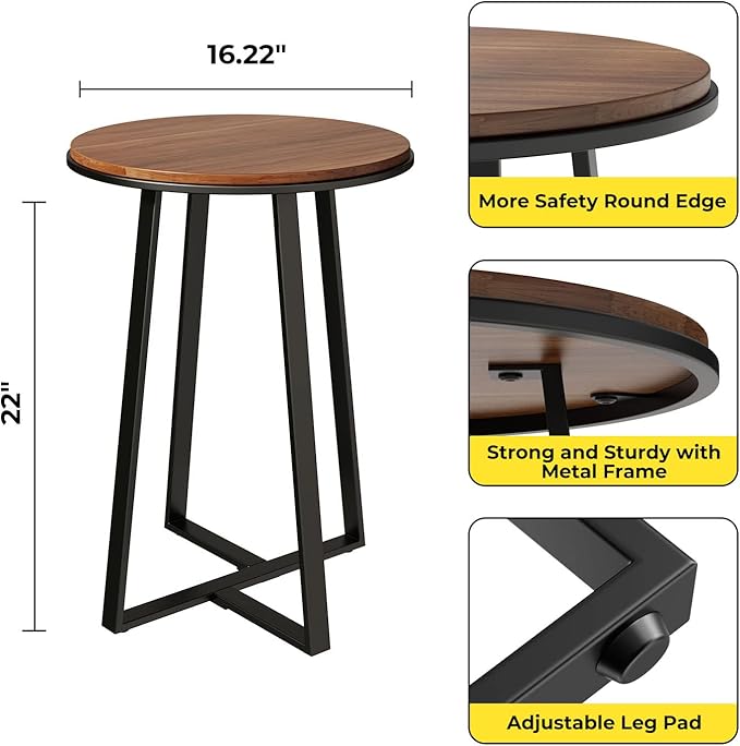Round End Tables, Small Side Table Walnut Color MDF Top, Metal Frame Black - Image 2