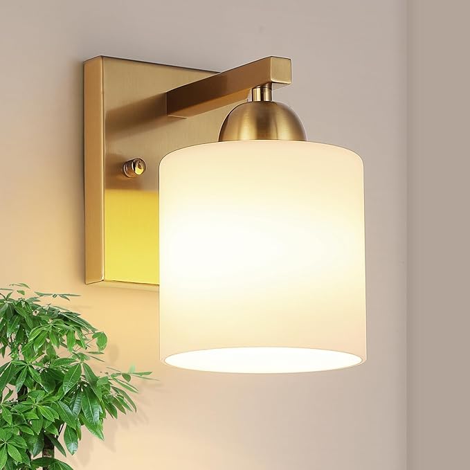Gold Milk Glass Wall Sconces, 1 Pack Hardwired Indoor Wall Light Fixtures by MecgirnLighting