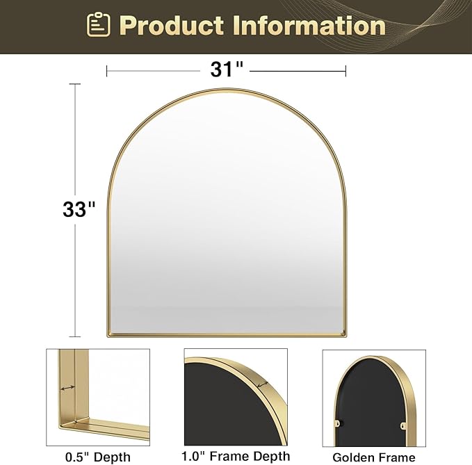 Brightify Arched Mirror, 31 x 33 Inch Gold Arch Mirror, Metal Frame Gold Arched - Image 6