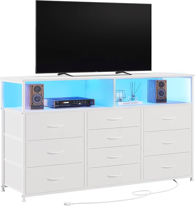 55W 10-Drawers Dresser with 2 Open Storage Shelves, TV Stand Dresser by Unionly