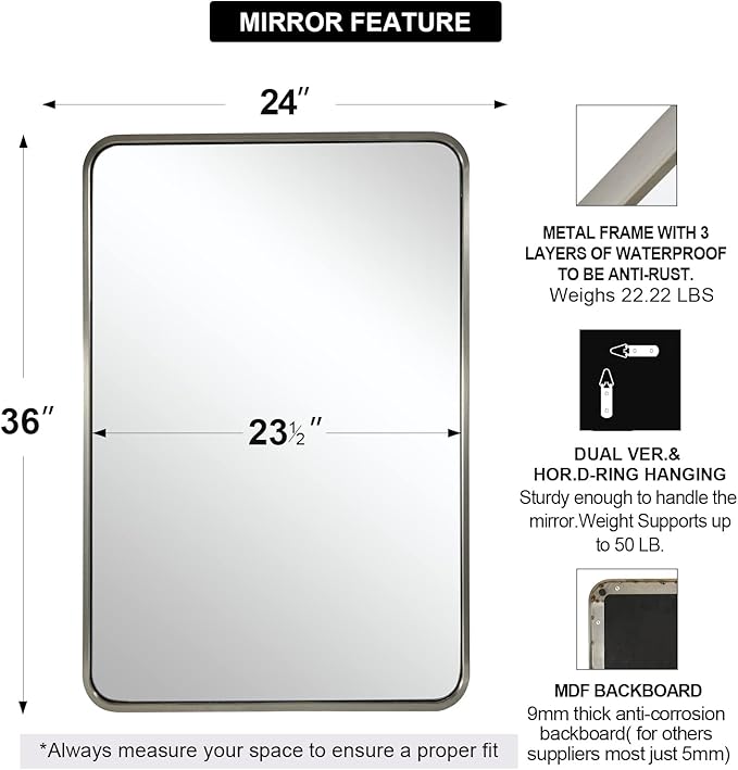 ANDY STAR Brushed Nickel Bathroom Mirror, 24x36’’ Rounded Rectangle Mirror - Image 2