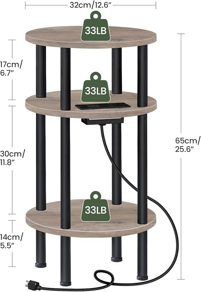 Small Round Side Table with Charging Station, Round End Accent Table, 3-Tier - Image 3
