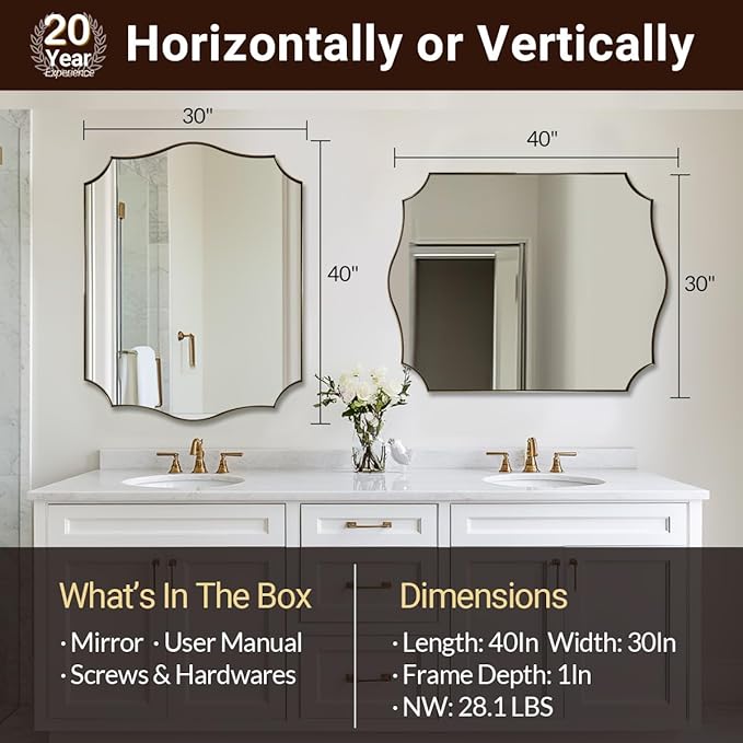 ANDY STAR 30"x40" Brushed Gold Bathroom Mirror, Large Rectangle Scalloped Mirror - Image 2