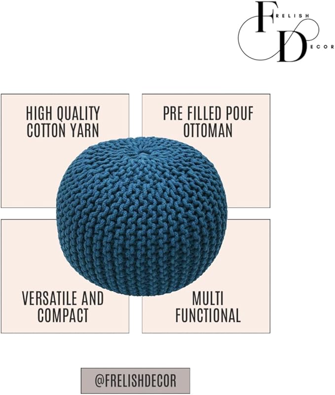 FRELISH DECOR Round Pouf Ottoman Hand Knitted 100% Cotton Pouf Foot Stool - Image 4