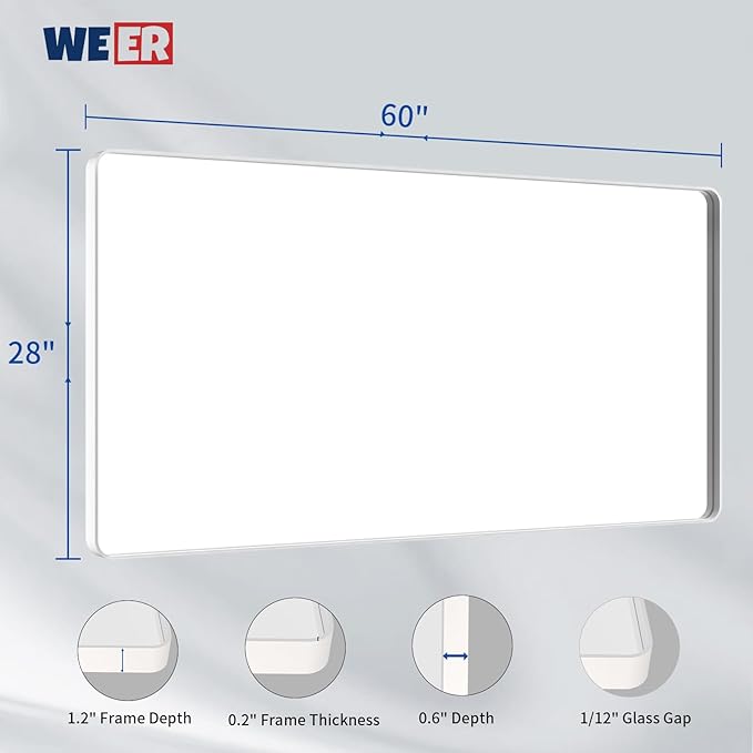 WEER White Bathroom Mirror 60X28 Inch, Rounded Rectangle White Metal Frame - Image 6