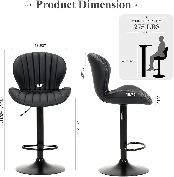 COLAMY Bar Stools Set of 2, Modern Swivel Bar Chairs, Adjustable Faux Leather - Image 2
