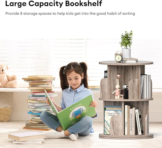 Nidouillet Small Rotating Bookshelf, 2 Tier Revolving Bookcase 360° Display - Image 4