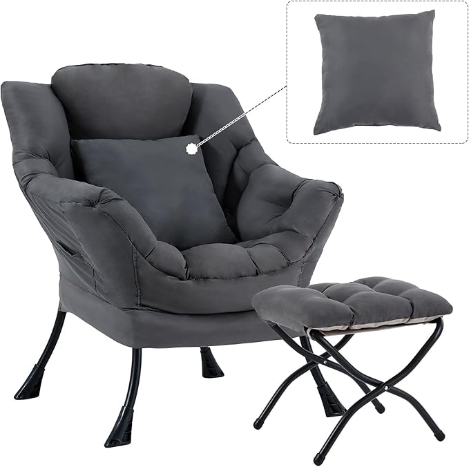 Lazy Chair with Ottoman, Comfy Reading Lounge Chair with Footstool & Throw by YOTATING