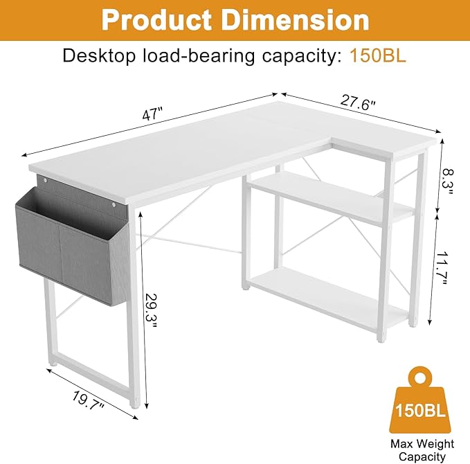 L Shaped Computer Desk with Reversible Shelves, 47 Inch Small Corner Desk with - Image 7