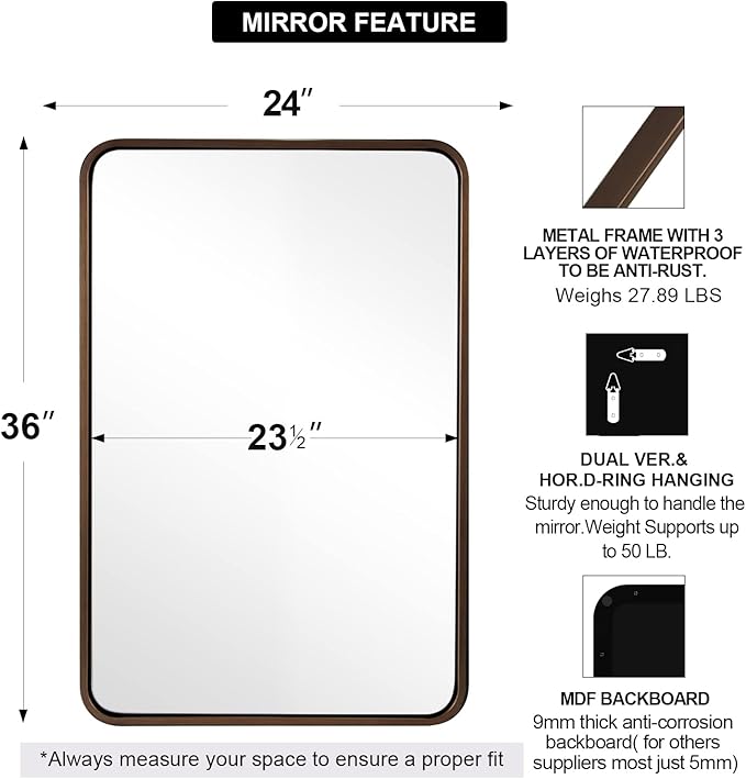 ANDY STAR Bronze Bathroom Mirror, 24X36 Bronze Wall Mirror, Bronze Vanity Mirror - Image 2