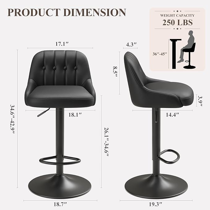 Bar Stools Set of 1, Swivel Bar Chairs, Modern Adjustable PU Leather - Image 2