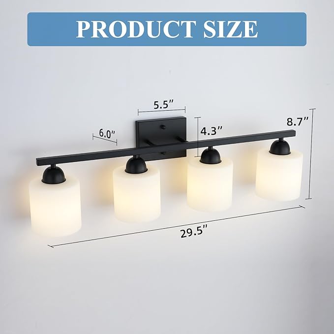 Milk Glass Vanity Lights for Bathroom, 4 Light Matte Black Bathroom Light - Image 4