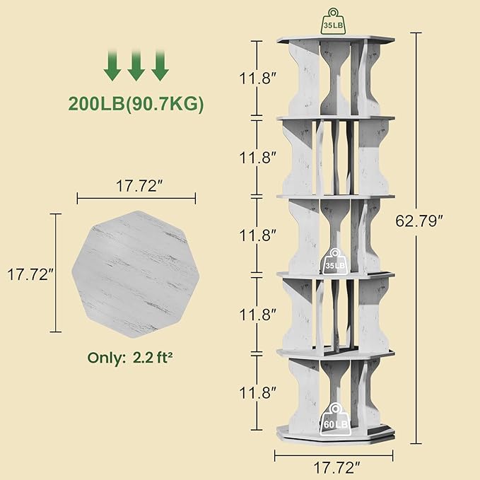 Rotating Bookshelf, 5 Tier Spinning Bookshelf Tower, Corner Revolving Storage - Image 2