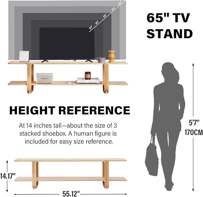 Welnow Bamboo TV Stand for Up to 65 Inch, Mid Century Modern Entertainment - Image 5