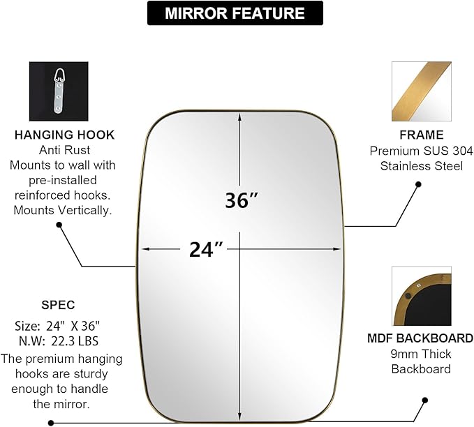 ANDY STAR Gold Oval Mirrors for Bathroom, Large 24x36’’ Brushed Gold Metal - Image 2