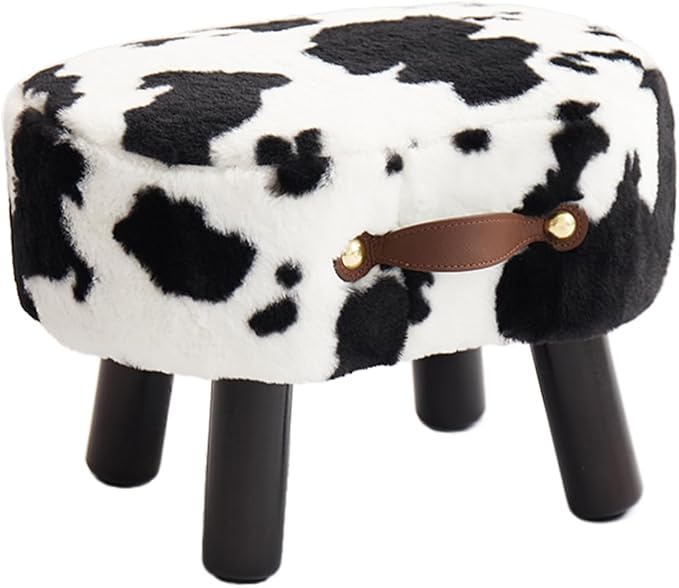 Small Footstool with Handle, Faux Fur Ottoman Foot Rest with Padded Seat by Leesingdo