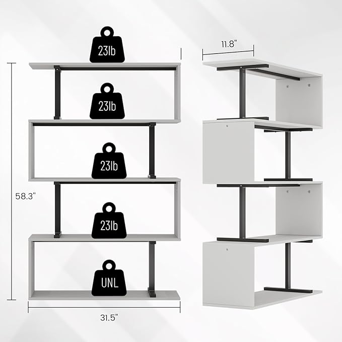 5-Tier Geometric Bookshelf, S Shaped Bookcase, 31.5" W x 58.3" H Wood - Image 2