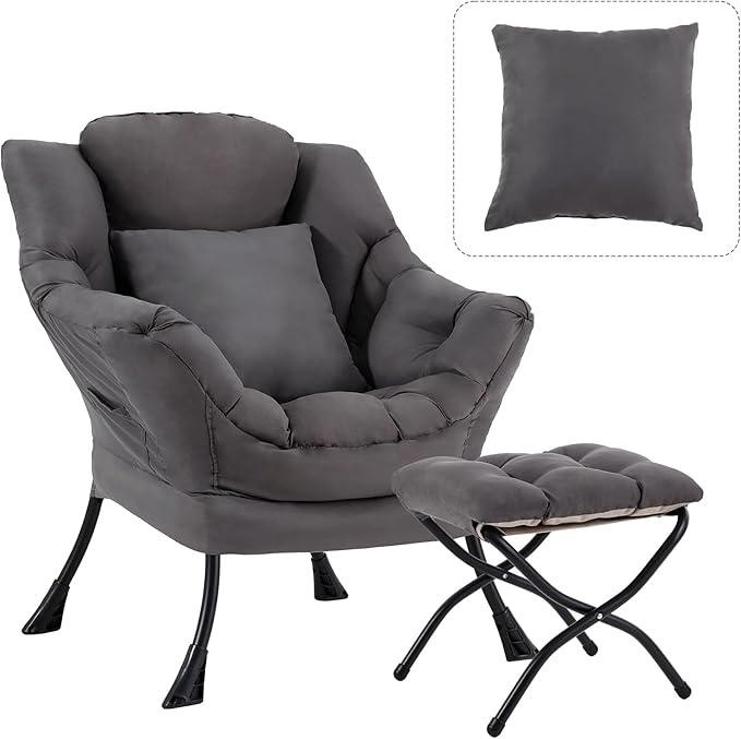 Large Lazy Chair with Ottoman, Accent Reading Chair with a Throw Pillow by HomeEastllyHome