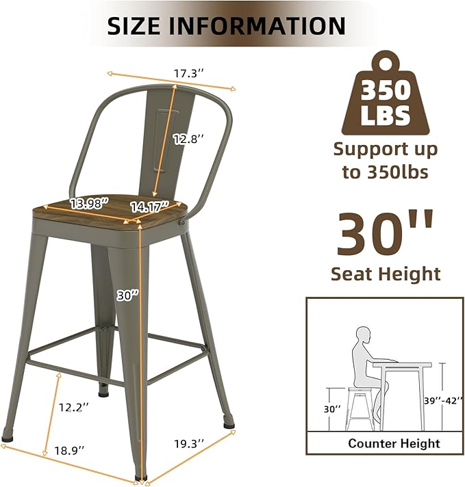 Metal Bar Stools Set of 4, High Back Bar Stools - Image 3