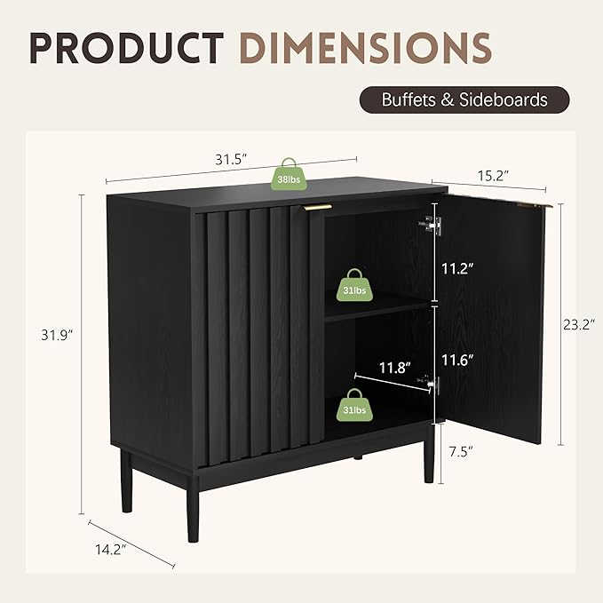 Fluted Cabinet with Storage, Buffet Cabinet Sideborad with Door, Kitchen Buffet - Image 2
