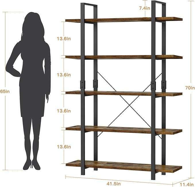 FRAPOW 5 Tier Bookshelf, 70 inch Tall Solid Bookcase Industrial Wooden - Image 2