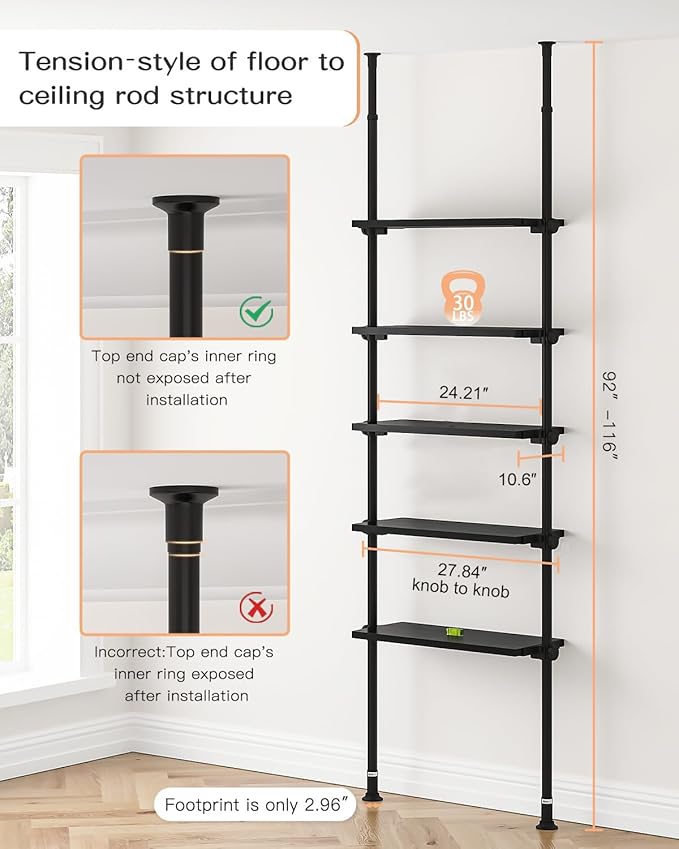 ALLZONE 5 Tiers Narrow Bookshelf, Tall Adjustable Ladder Book Shelf - Image 2