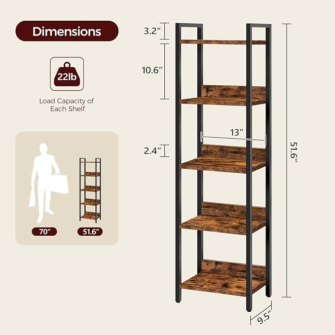 Bookshelf, 5-Tier Bookcase, Standing Book Shelf - Image 3
