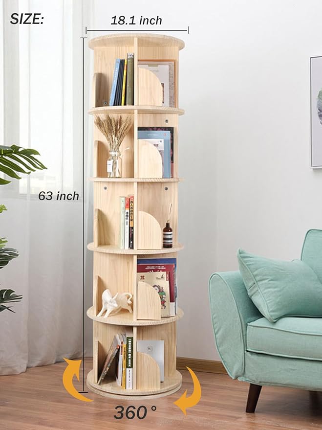 Rotating Bookshelf, 360 Display 5 Tier Floor Standing Bookcase Storage Rack - Image 3