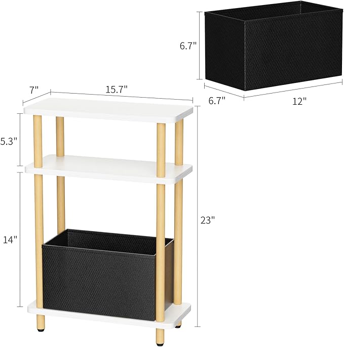 Narrow Side Table with Fabric Basket, 3 Tier Skinny End Table with Wood Legs - Image 3