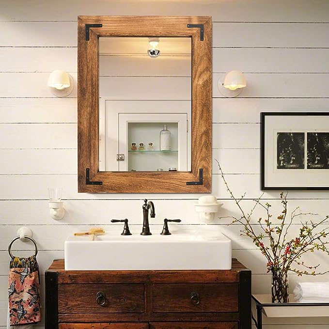 YOSHOOT Rustic Wooden Framed Wall Mirror, Natural Wood Bathroom Vanity Mirror by YOSHOOT