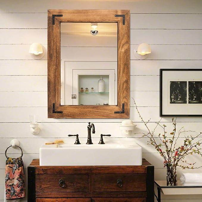 YOSHOOT Rustic Wooden Framed Wall Mirror, Natural Wood Bathroom Vanity Mirror by YOSHOOT