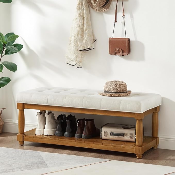 24KF Large Rectangular Upholstered Tufted Bed Bench, Linen Fabric Storage - Image 3