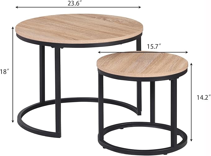 CENSI 24" Round Nesting Table, Accent Coffee Table, Natural Oak, Light Wooden - Image 2