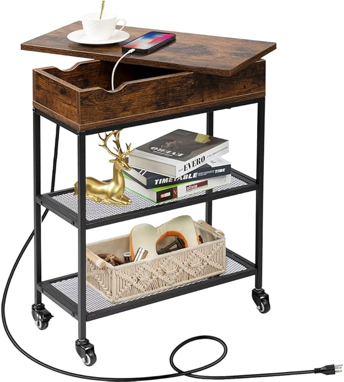 Hadulcet End Table with Charging Station, Couch End Tables Rotating Top Skinny by Hadulcet