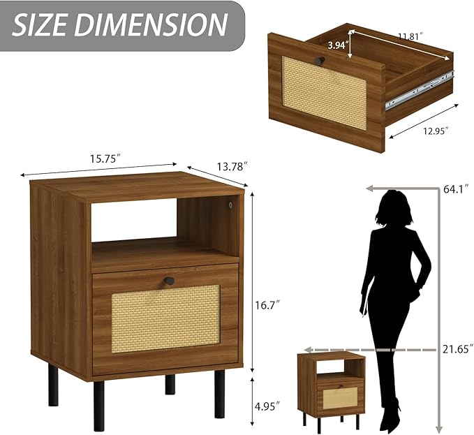 Rattan Nightstand with Storage Boho Modern Farmhouse Bedside Table with Drawer - Image 3