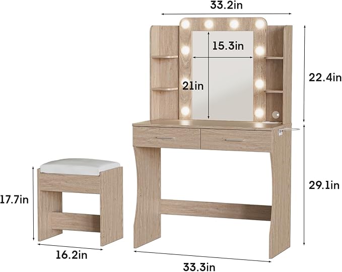 Vabches Vanity Desk with Mirror and Lights, Makeup Vanity Table with Charging - Image 6