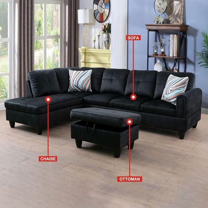 Black L-Shaped 3-Piece Flannel Sofa - Image 3