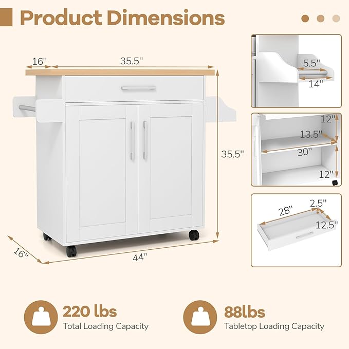 COSTWAY Kitchen Island On Wheels, Rolling Storage Trolley Cart - Image 7