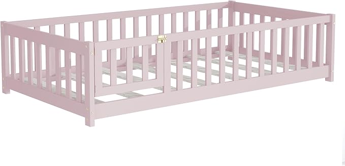 Twin Floor Bed Frame with Slats and Safety Guardrail, Wood Twin Size Montessori - Image 8