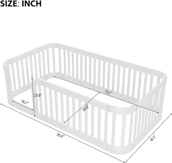 Bellemave Twin Floor Bed with High Fence and Rounded Corner Design, Wood - Image 3