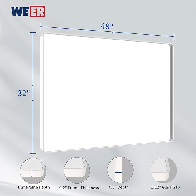 WEER White Bathroom Mirror 48X32 Inch, Rounded Rectangle White Metal Frame - Image 6