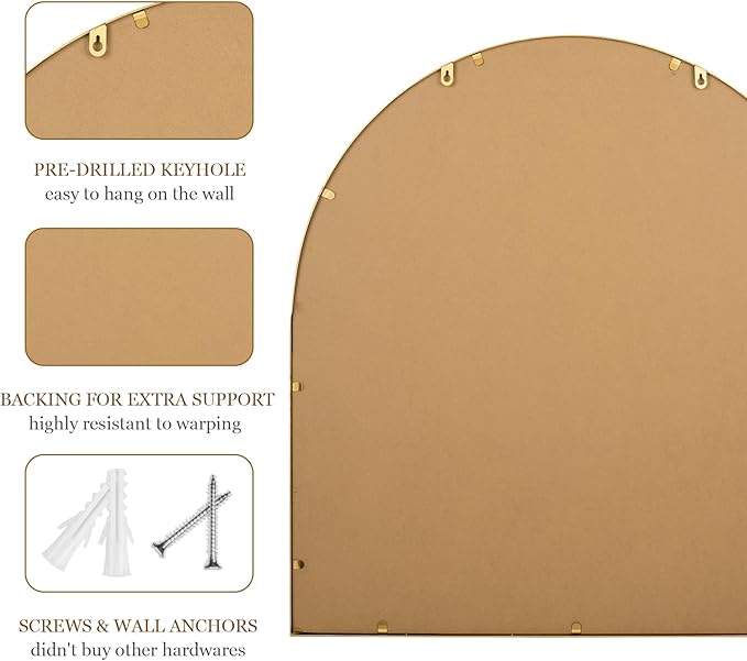33x31 Inch Arched Bathroom Mirror, Antique Gold Wall Mirror Metal Beaded Frame - Image 6