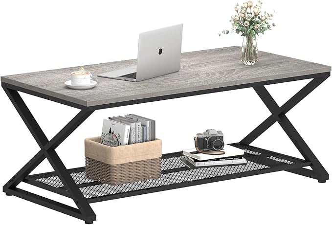 LVB Gray Coffee Table with Storage, Farmhouse Metal Wood 2 Tier Center Table - Image 8